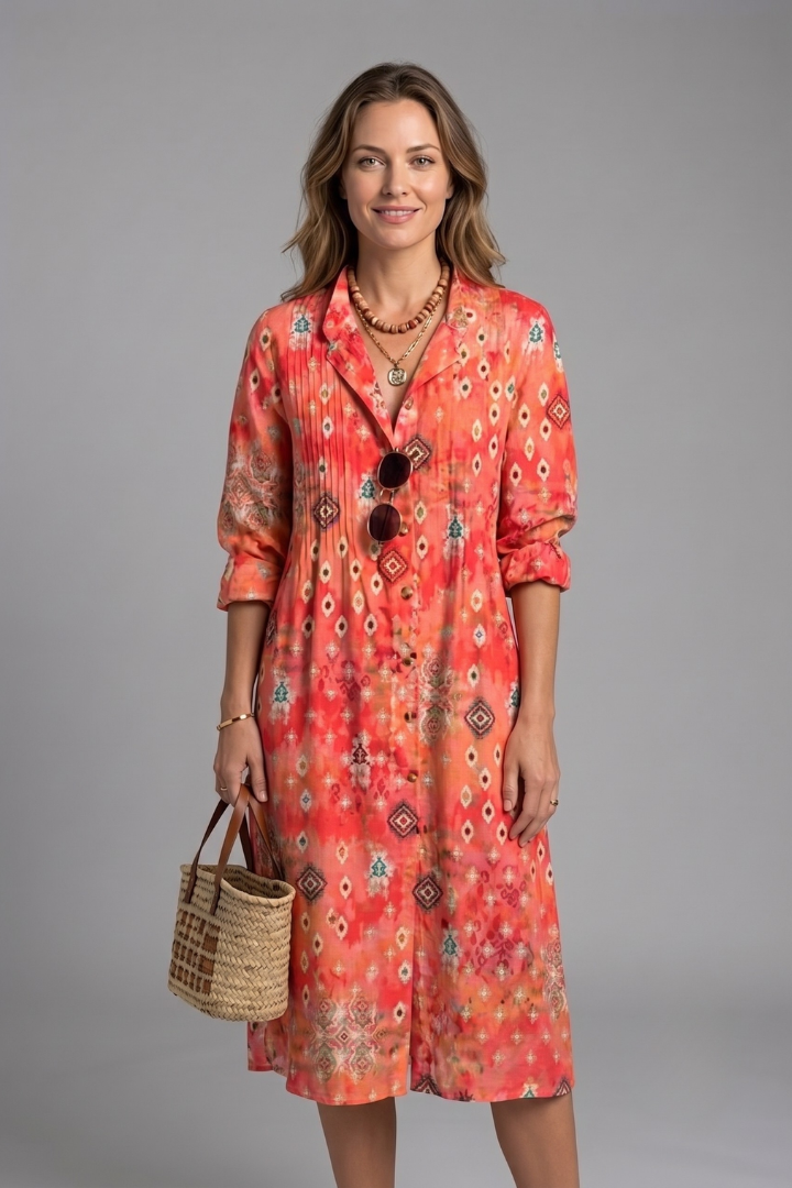 Women's Boho Printed Dress — Collared V-Neck Button-Front Long-Sleeve Casual Dress