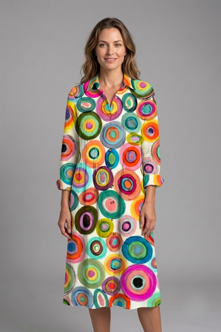 Women's Boho Printed Dress — Collared V-Neck Button-Front Long-Sleeve Casual Dress