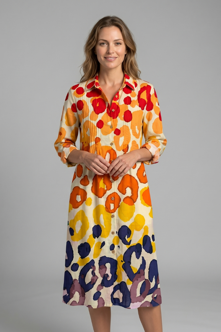 Women's Boho Printed Dress — Collared V-Neck Button-Front Long-Sleeve Casual Dress