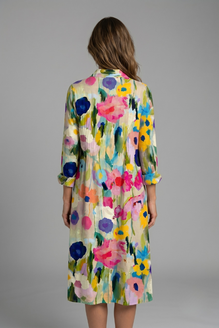 Women's Boho Printed Dress — Collared V-Neck Button-Front Long-Sleeve Casual Dress