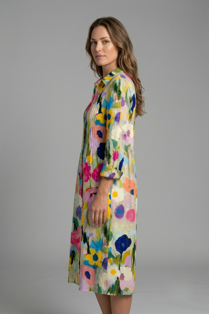 Women's Boho Printed Dress — Collared V-Neck Button-Front Long-Sleeve Casual Dress
