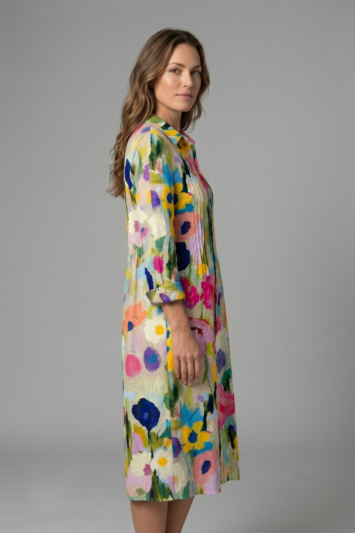 Women's Boho Printed Dress — Collared V-Neck Button-Front Long-Sleeve Casual Dress
