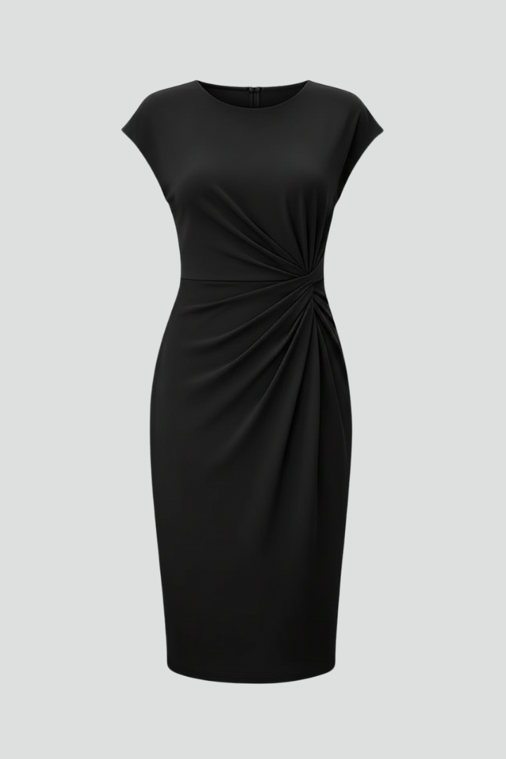 Women's Knee-Length Dress with Round Neck & Ruched Waist – Elegant Day Dress 1