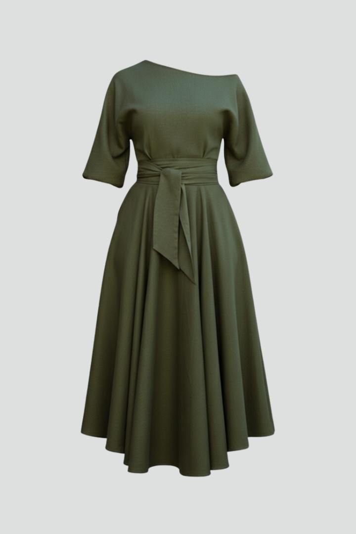 Women's off-shoulder midi dress with 3/4 balloon sleeves, tie waist and flared skirt
