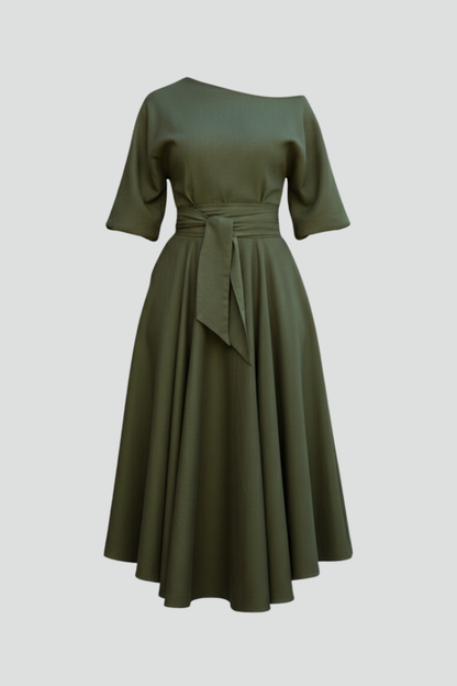 Women's off-shoulder midi dress with 3/4 balloon sleeves, tie waist and flared skirt