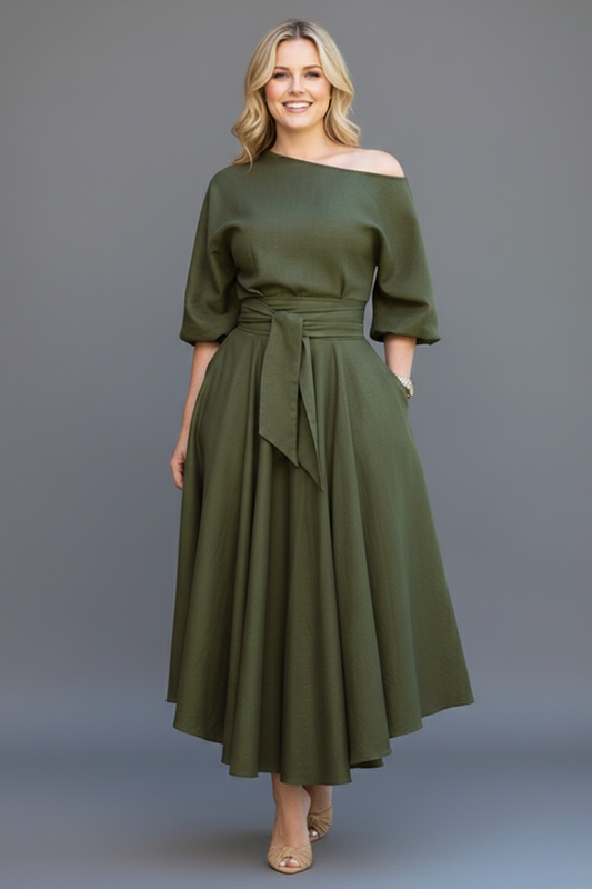 Women's off-shoulder midi dress with 3/4 balloon sleeves, tie waist and flared skirt