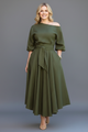 Women's off-shoulder midi dress with 3/4 balloon sleeves, tie waist and flared skirt