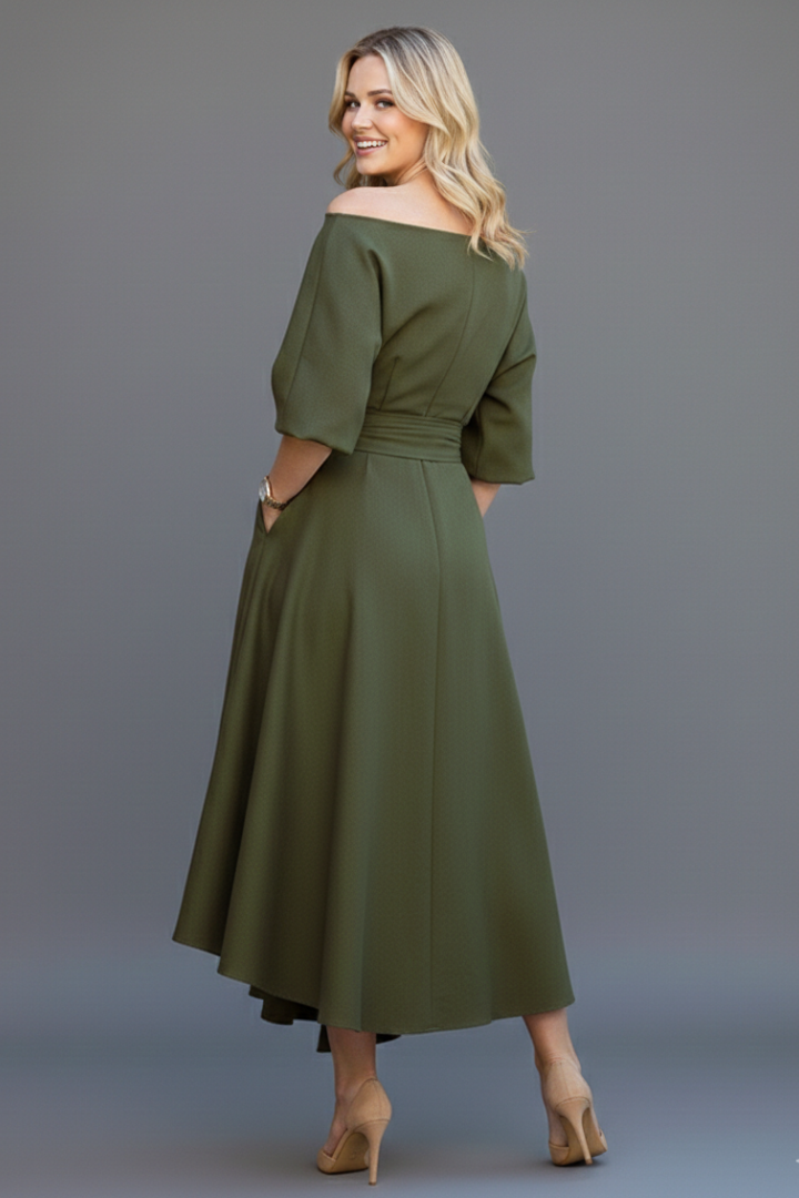 Women's off-shoulder midi dress with 3/4 balloon sleeves, tie waist and flared skirt