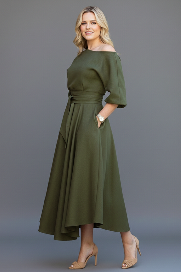 Women's off-shoulder midi dress with 3/4 balloon sleeves, tie waist and flared skirt