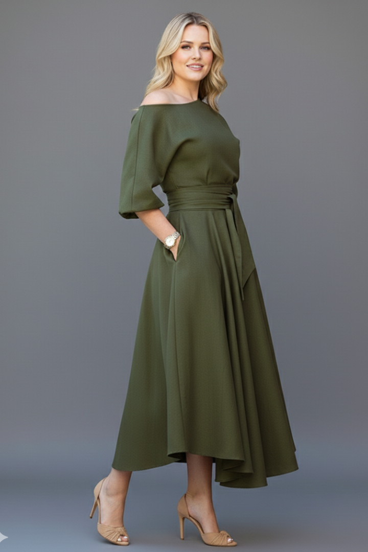 Women's off-shoulder midi dress with 3/4 balloon sleeves, tie waist and flared skirt