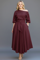Women's off-shoulder midi dress with 3/4 balloon sleeves, tie waist and flared skirt
