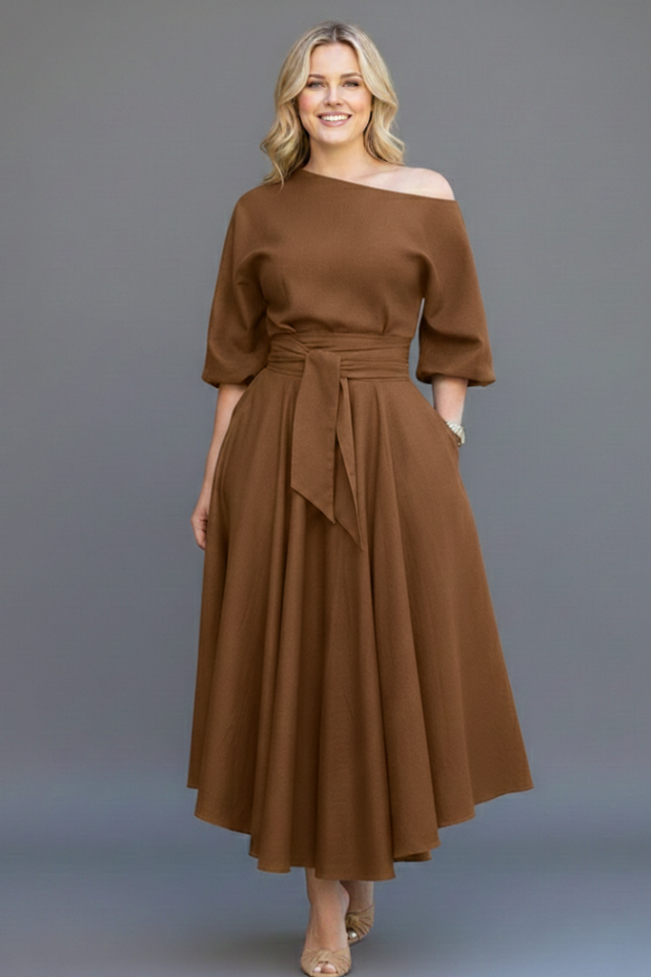 Women's off-shoulder midi dress with 3/4 balloon sleeves, tie waist and flared skirt