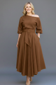 Women's off-shoulder midi dress with 3/4 balloon sleeves, tie waist and flared skirt