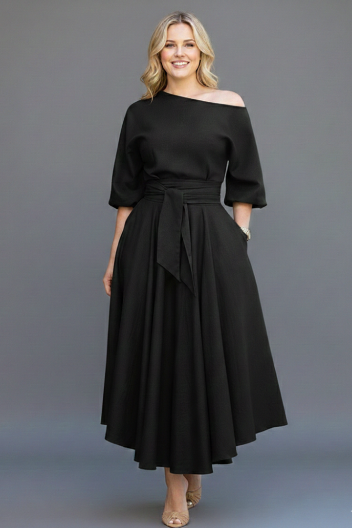 Women's off-shoulder midi dress with 3/4 balloon sleeves, tie waist and flared skirt