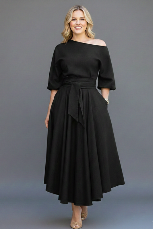 Women's off-shoulder midi dress with 3/4 balloon sleeves, tie waist and flared skirt