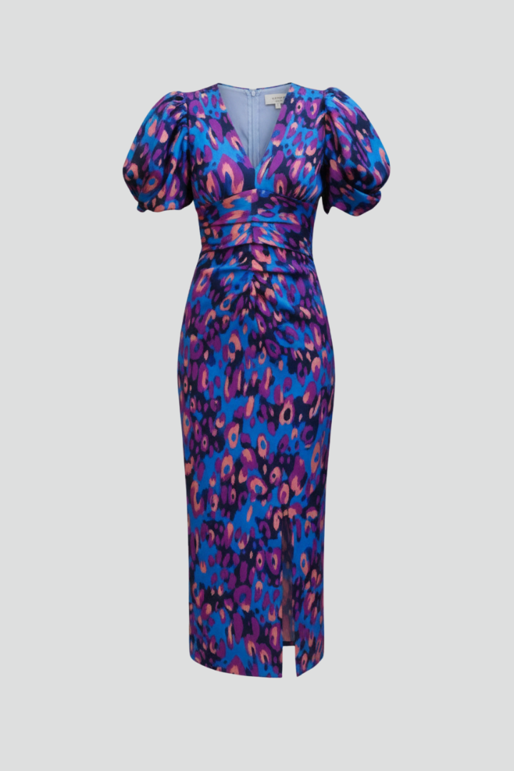 Women's Midi Dress with Puff Sleeves & Ruched Waist – Elegant Occasion Day Dress 1