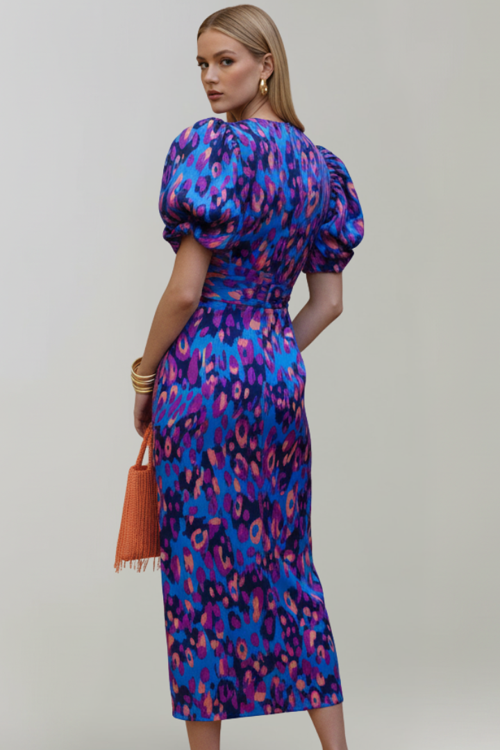 Women's Midi Dress with Puff Sleeves & Ruched Waist – Elegant Occasion Day Dress 4