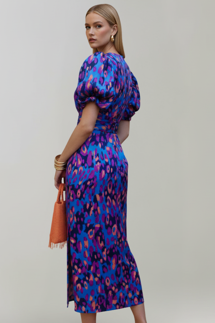 Women's Midi Dress with Puff Sleeves & Ruched Waist – Elegant Occasion Day Dress 3