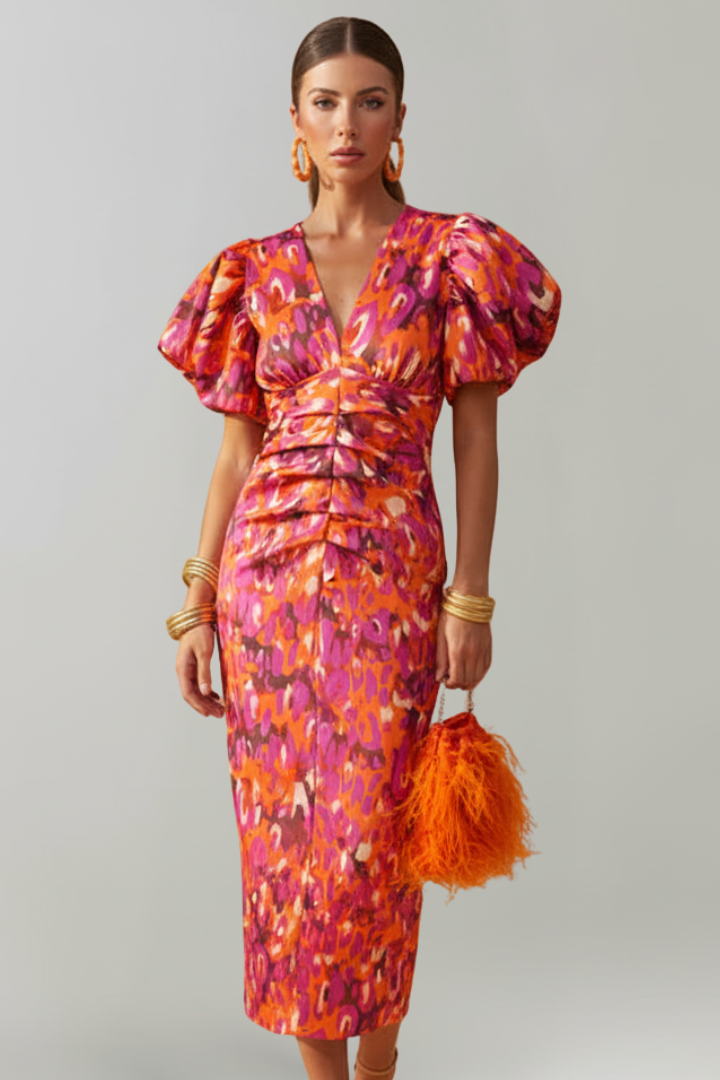 Women's Midi Dress with Puff Sleeves & Ruched Waist – Elegant Occasion Day Dress 6
