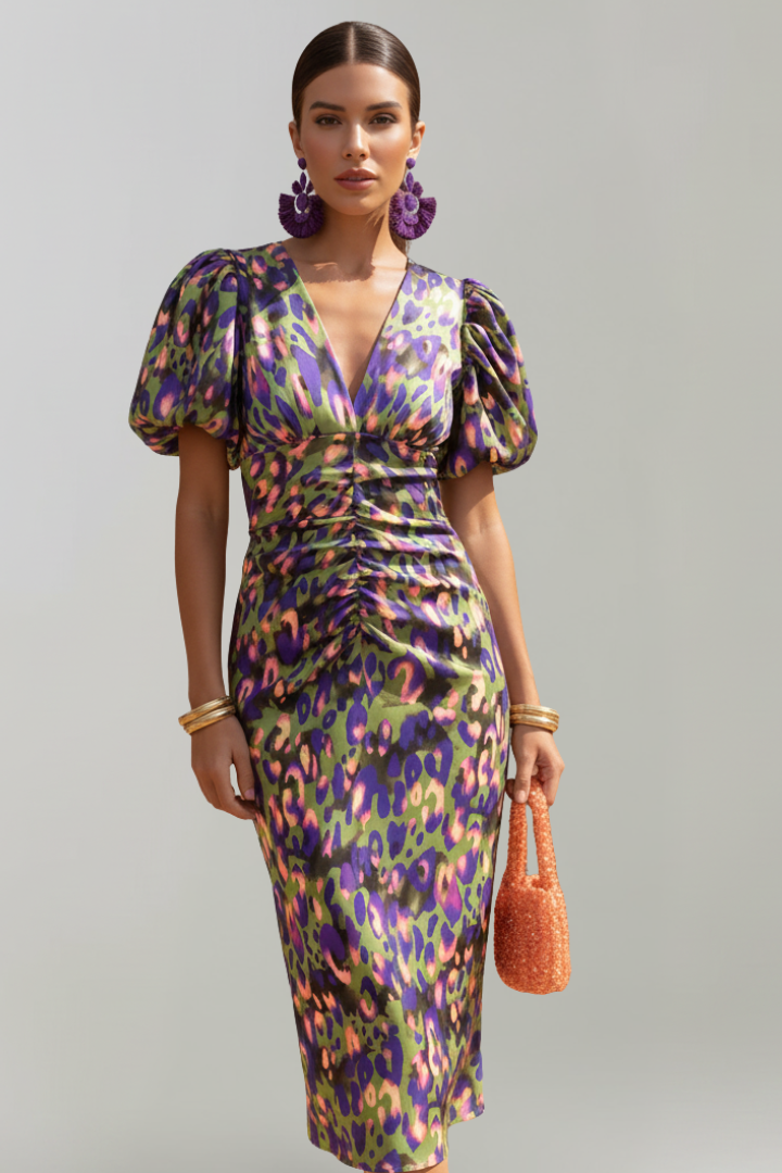 Women's Midi Dress with Puff Sleeves & Ruched Waist – Elegant Occasion Day Dress 7