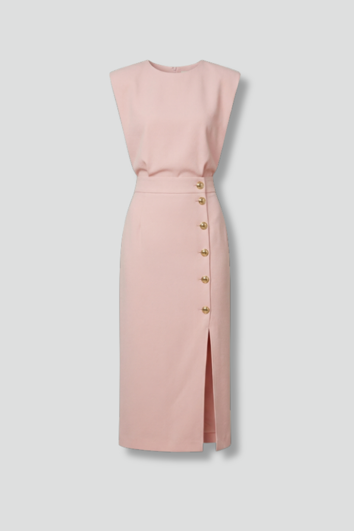 Women's Round-Neck Midi Dress — Sleeveless Fitted-Waist Button-Slit Midi Dress