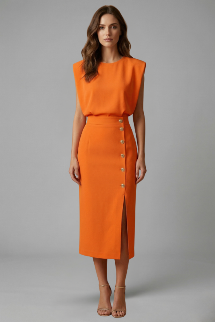 Women's Round-Neck Midi Dress — Sleeveless Fitted-Waist Button-Slit Midi Dress