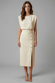 Women's Round-Neck Midi Dress — Sleeveless Fitted-Waist Button-Slit Midi Dress