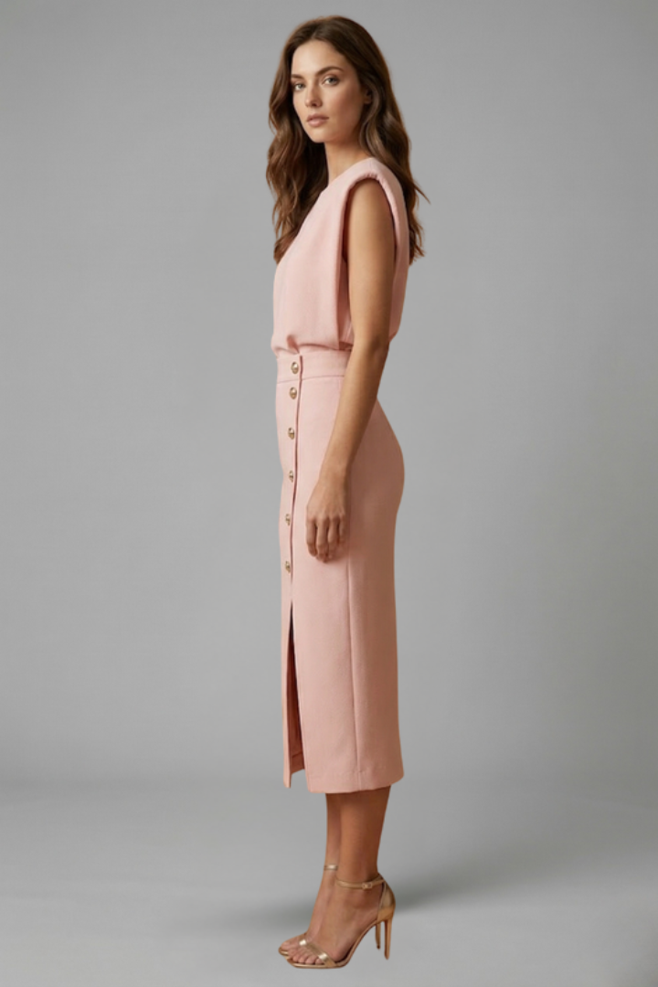 Women's Round-Neck Midi Dress — Sleeveless Fitted-Waist Button-Slit Midi Dress