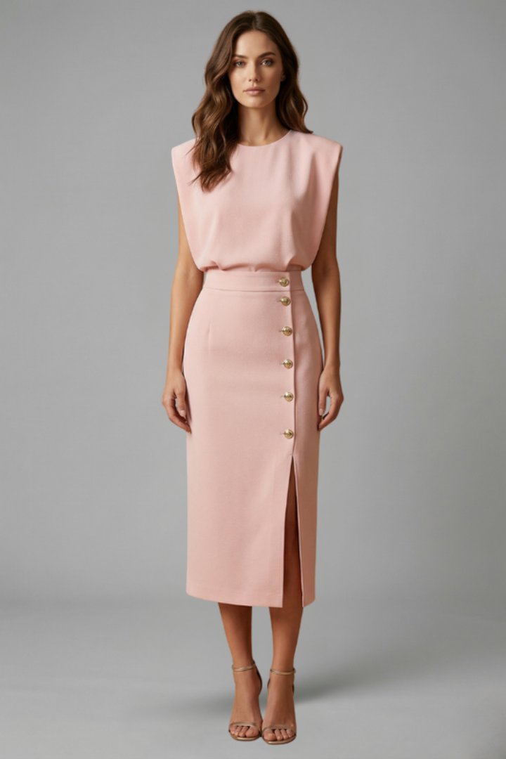 Women's Round-Neck Midi Dress — Sleeveless Fitted-Waist Button-Slit Midi Dress