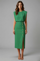 Women's Round-Neck Midi Dress — Sleeveless Fitted-Waist Button-Slit Midi Dress