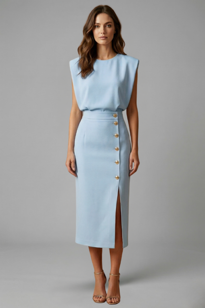 Women's Round-Neck Midi Dress — Sleeveless Fitted-Waist Button-Slit Midi Dress