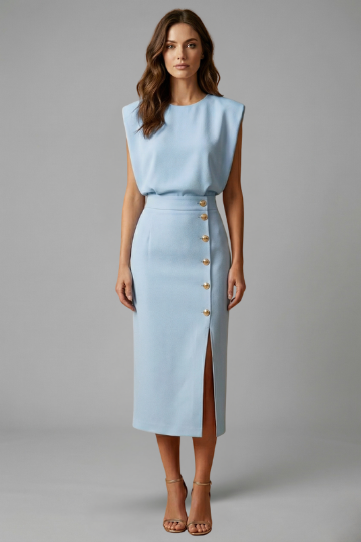 Women's Round-Neck Midi Dress — Sleeveless Fitted-Waist Button-Slit Midi Dress