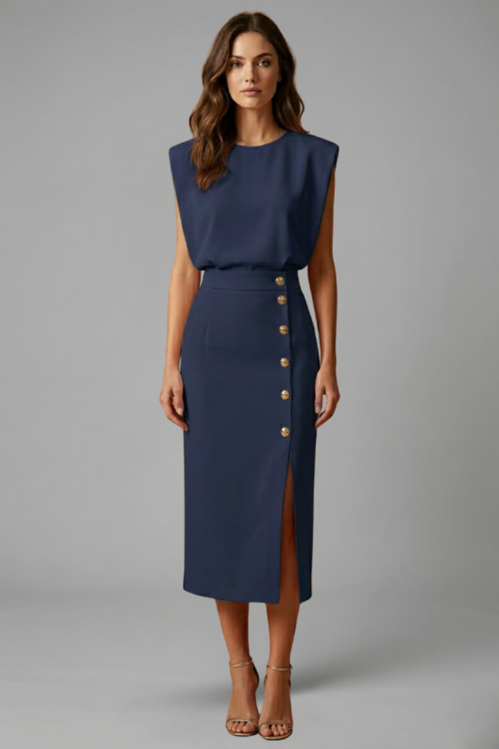 Women's Round-Neck Midi Dress — Sleeveless Fitted-Waist Button-Slit Midi Dress