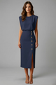 Women's Round-Neck Midi Dress — Sleeveless Fitted-Waist Button-Slit Midi Dress