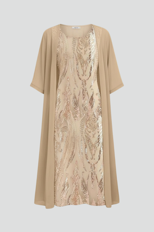 Women's Round-Neck Midi Dress with Short Sleeves – Elegant Day & Occasion Dress 1