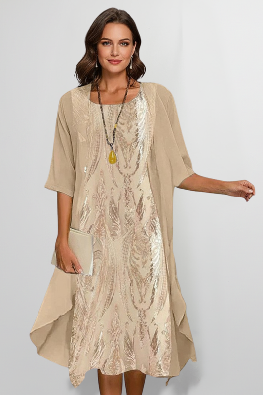 Women's Round-Neck Midi Dress with Short Sleeves – Elegant Day & Occasion Dress 2
