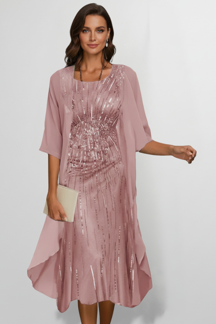 Women's Round-Neck Midi Dress with Short Sleeves – Elegant Day & Occasion Dress 8