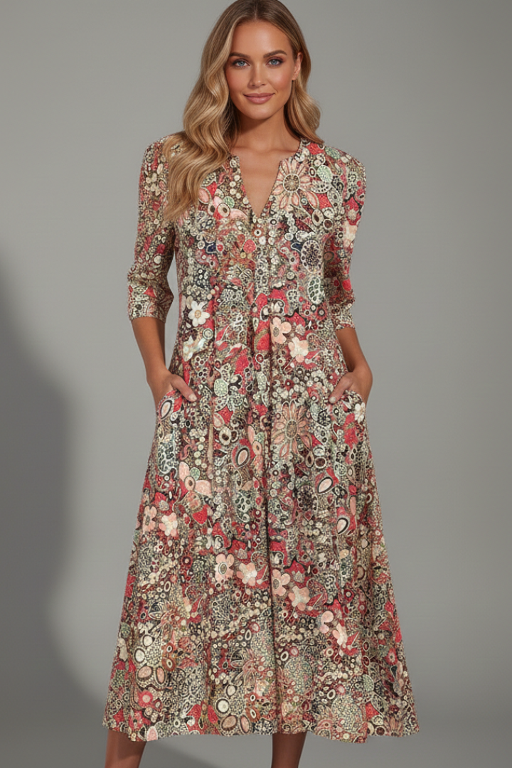 Women's V-Neck Midi Dress with Three-Quarter Sleeves – Elegant Occasion Dress 6