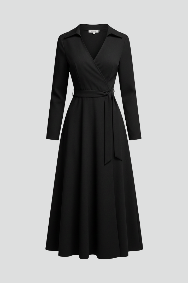 Women's collared wrap midi dress with three-quarter sleeves and tie waist
