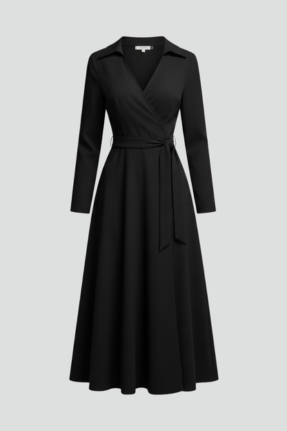 Women's collared wrap midi dress with three-quarter sleeves and tie waist