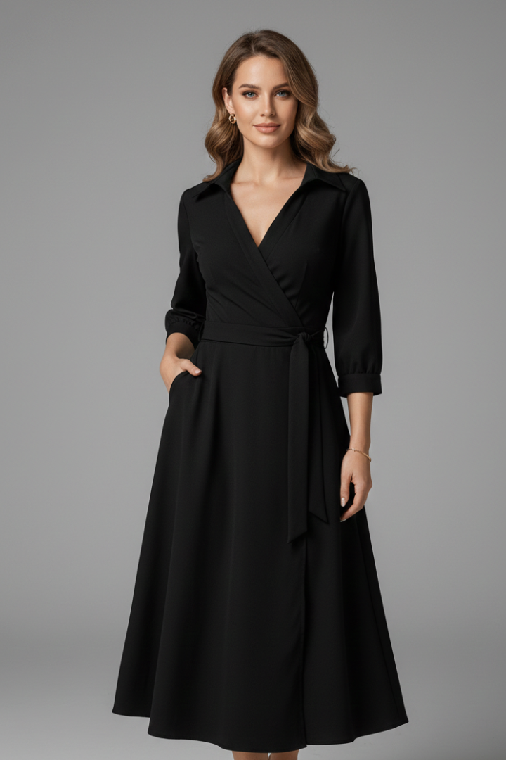 Women's collared wrap midi dress with three-quarter sleeves and tie waist