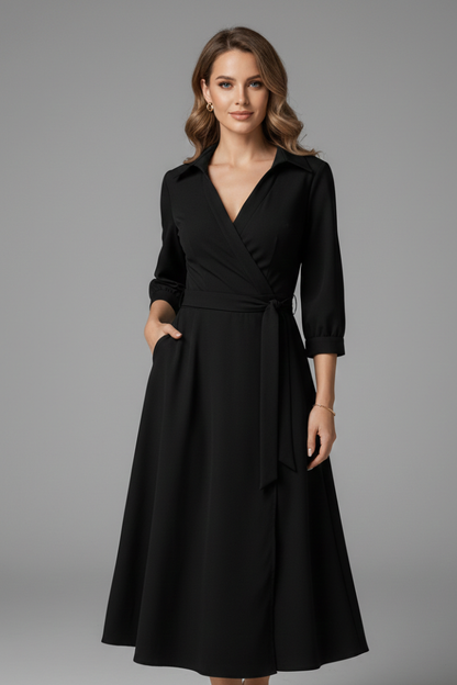 Women's collared wrap midi dress with three-quarter sleeves and tie waist