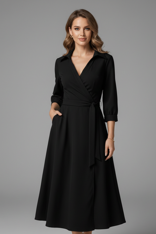 Women's collared wrap midi dress with three-quarter sleeves and tie waist
