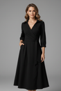 Women's collared wrap midi dress with three-quarter sleeves and tie waist