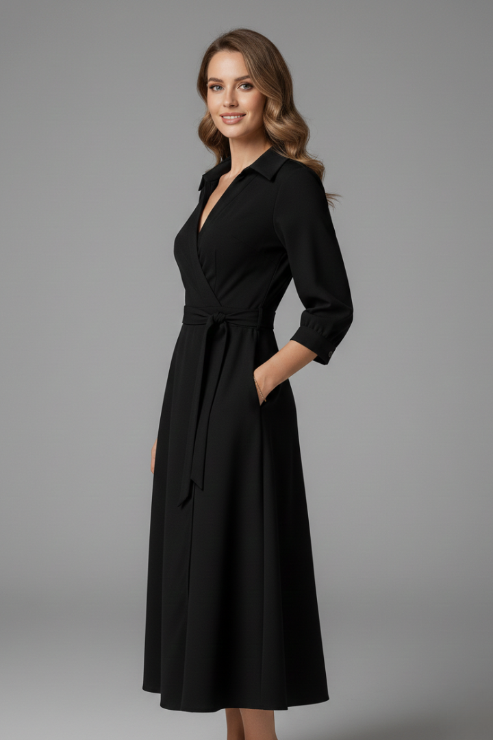Women's collared wrap midi dress with three-quarter sleeves and tie waist