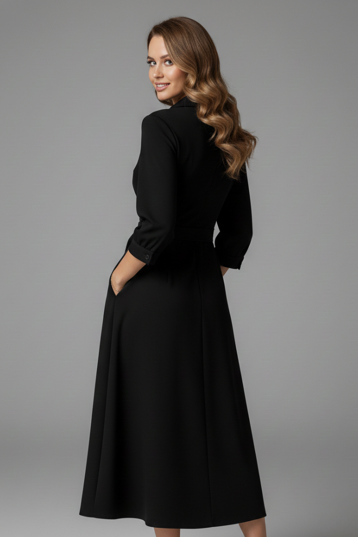 Women's collared wrap midi dress with three-quarter sleeves and tie waist