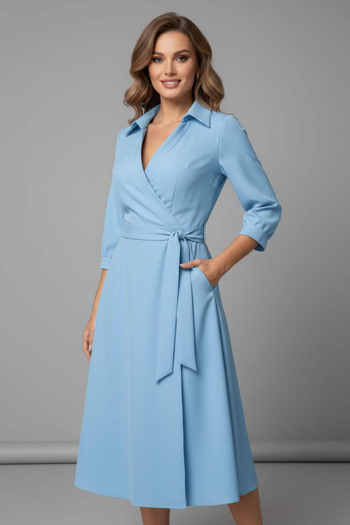 Women's collared wrap midi dress with three-quarter sleeves and tie waist