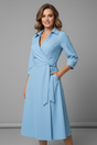 Women's collared wrap midi dress with three-quarter sleeves and tie waist