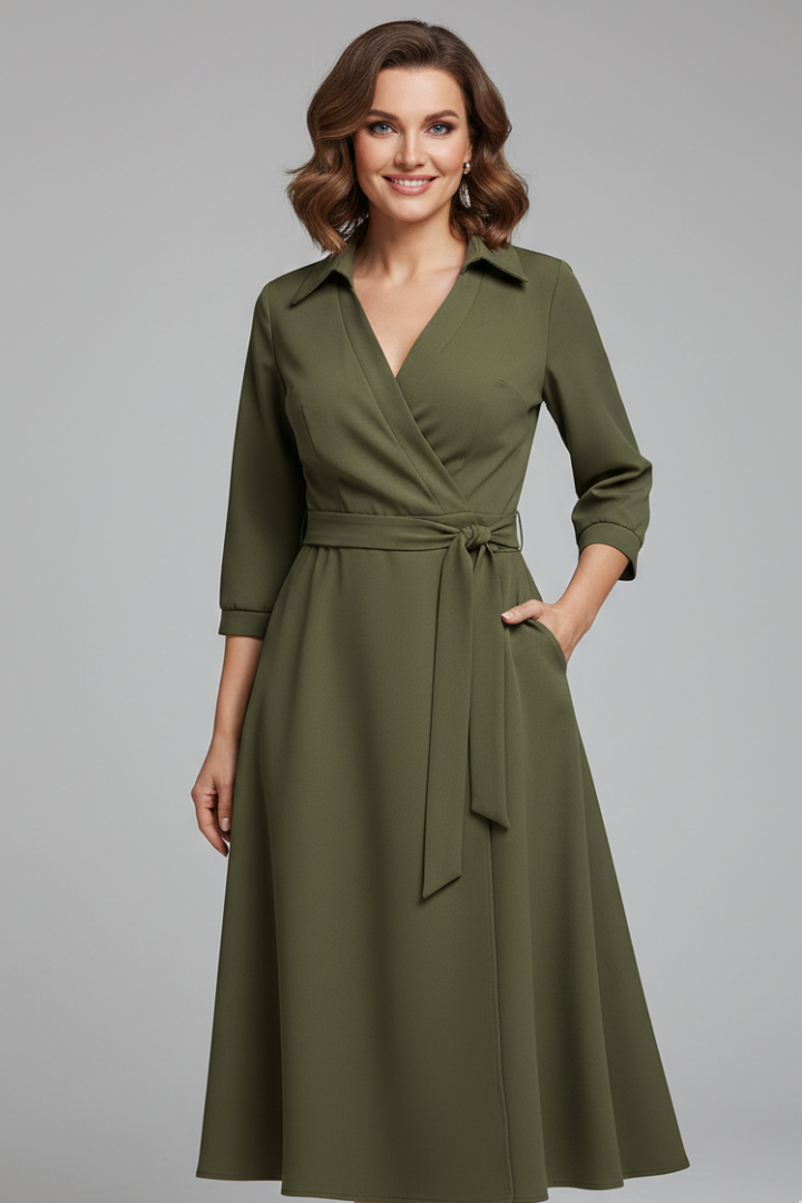 Women's collared wrap midi dress with three-quarter sleeves and tie waist