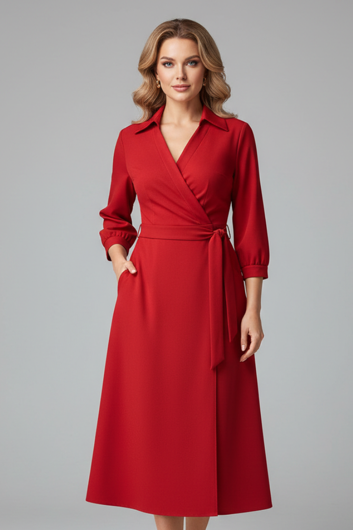 Women's collared wrap midi dress with three-quarter sleeves and tie waist